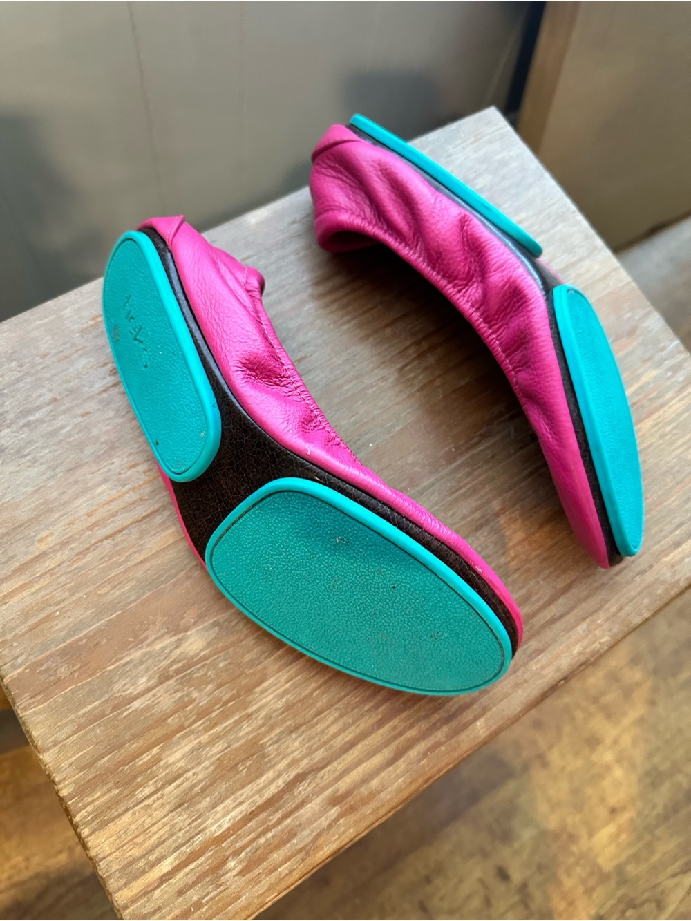 Tieks Fuchsia Leather Ballet Flats with Teal Heel Tab - Picture 5 of 5